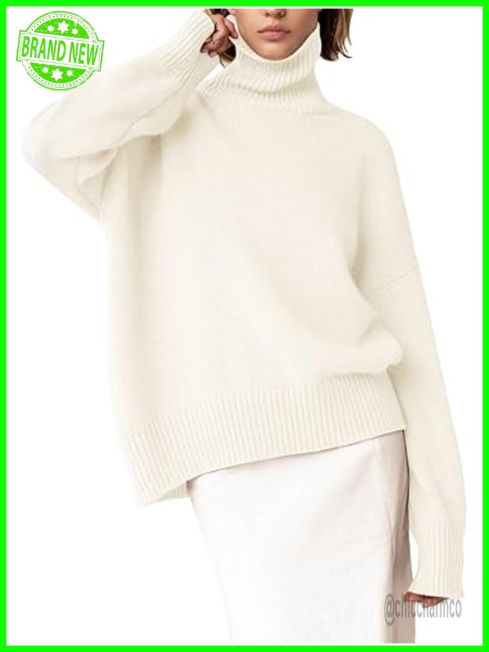 Chunky Knit Turtleneck Pullover Sweater High Low Hem